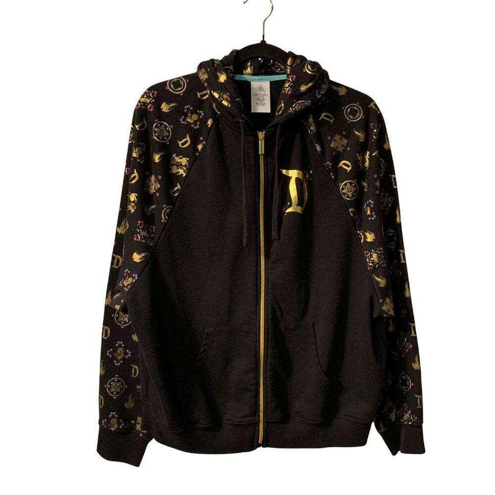 Disney Gold Foil Print Hoodie Adults Size L Black Full Zip Raglan Sleeves Unisex